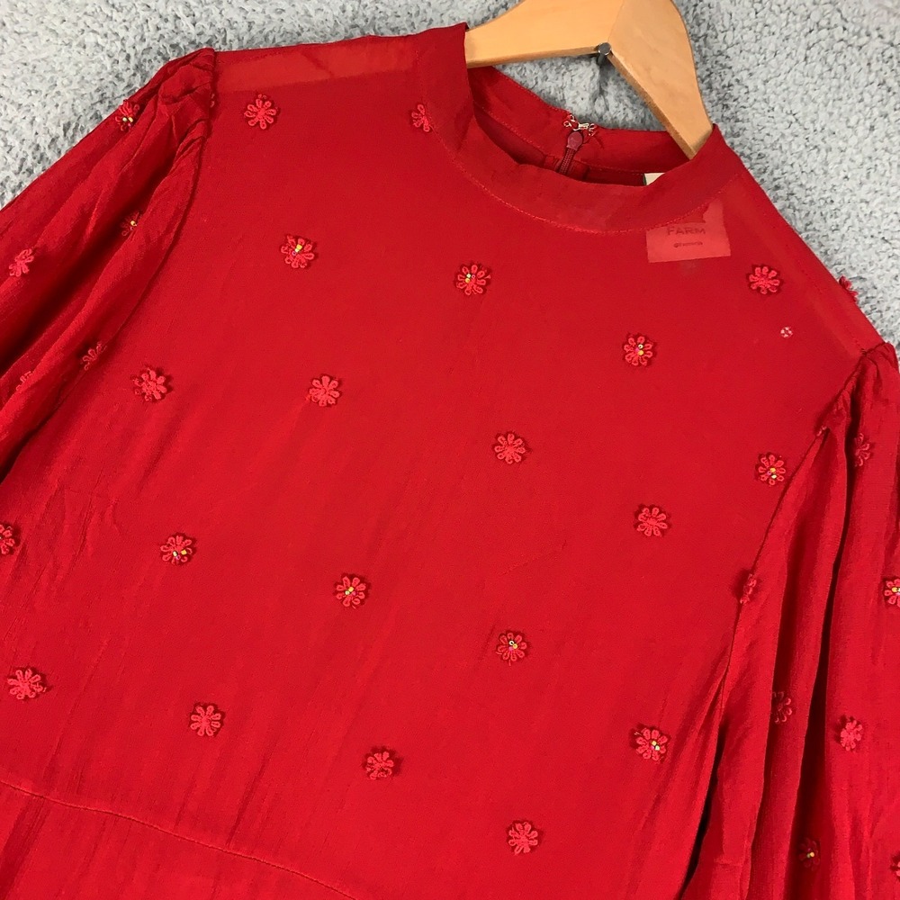 Farm Rio Maxi Dress Size XL Red Ruffle Long Sleeve Floral Appliqué Sheer Holiday - Picture 4 of 8